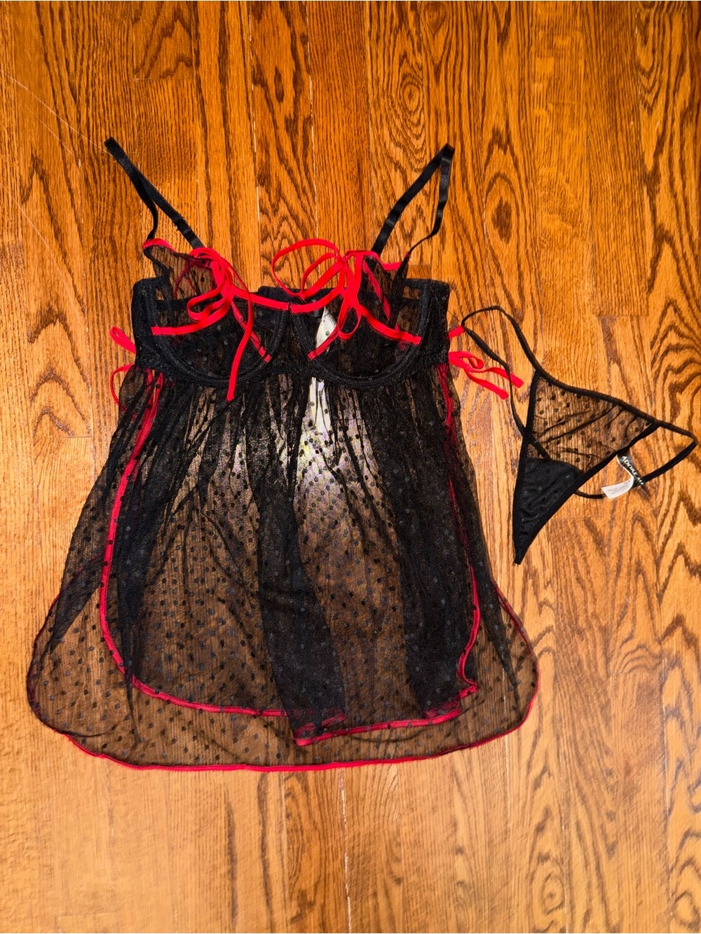 Adore Me Black Sheer Polka-Dot Babydoll with Red Trim